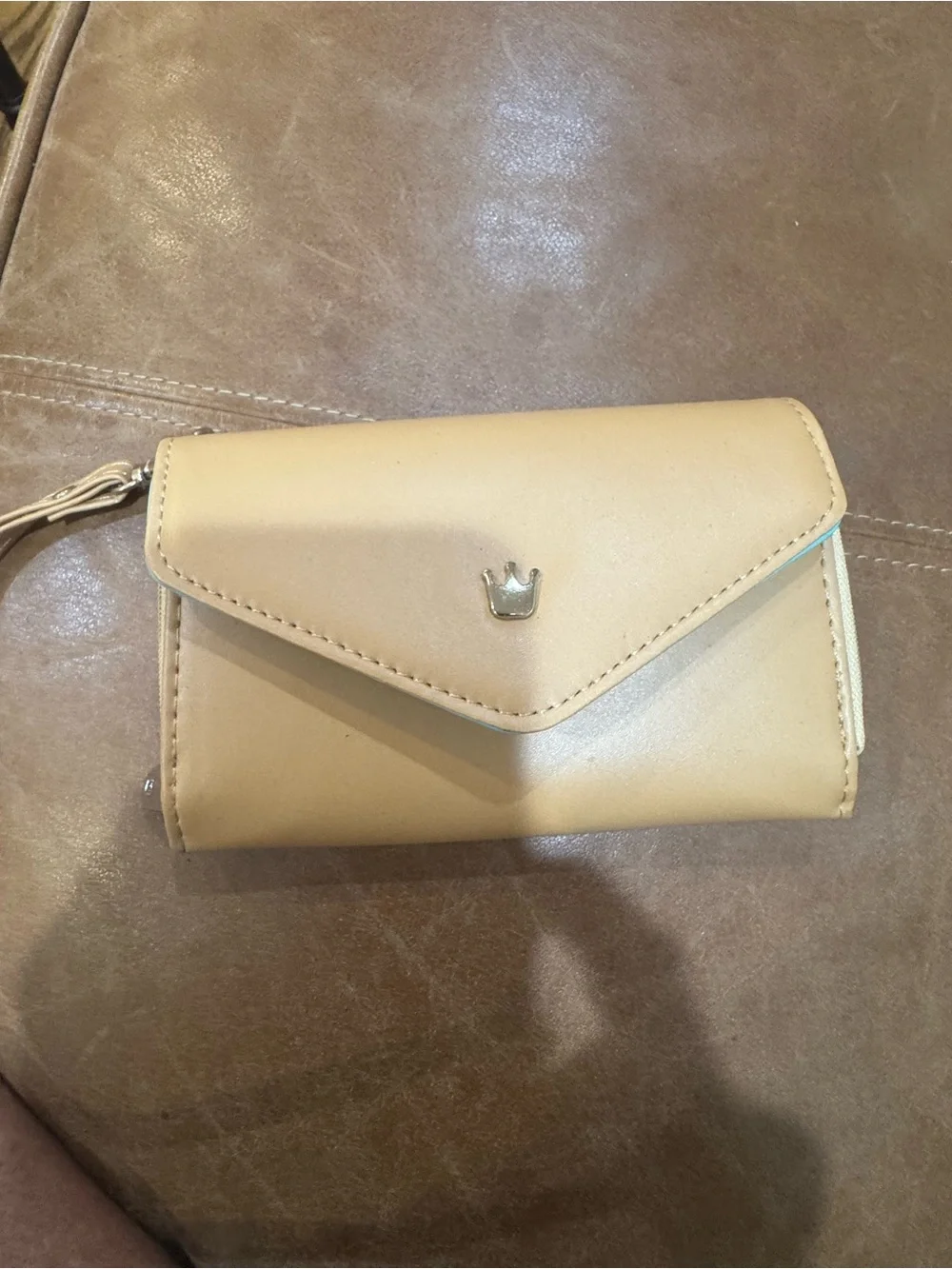 Compact Beige Envelope Wristlet Wallet - Minimal Crown Accent